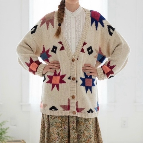 Sweaters - Handmade Wool blend knitted oversized geometric “quilt” pattern cardigan sweater